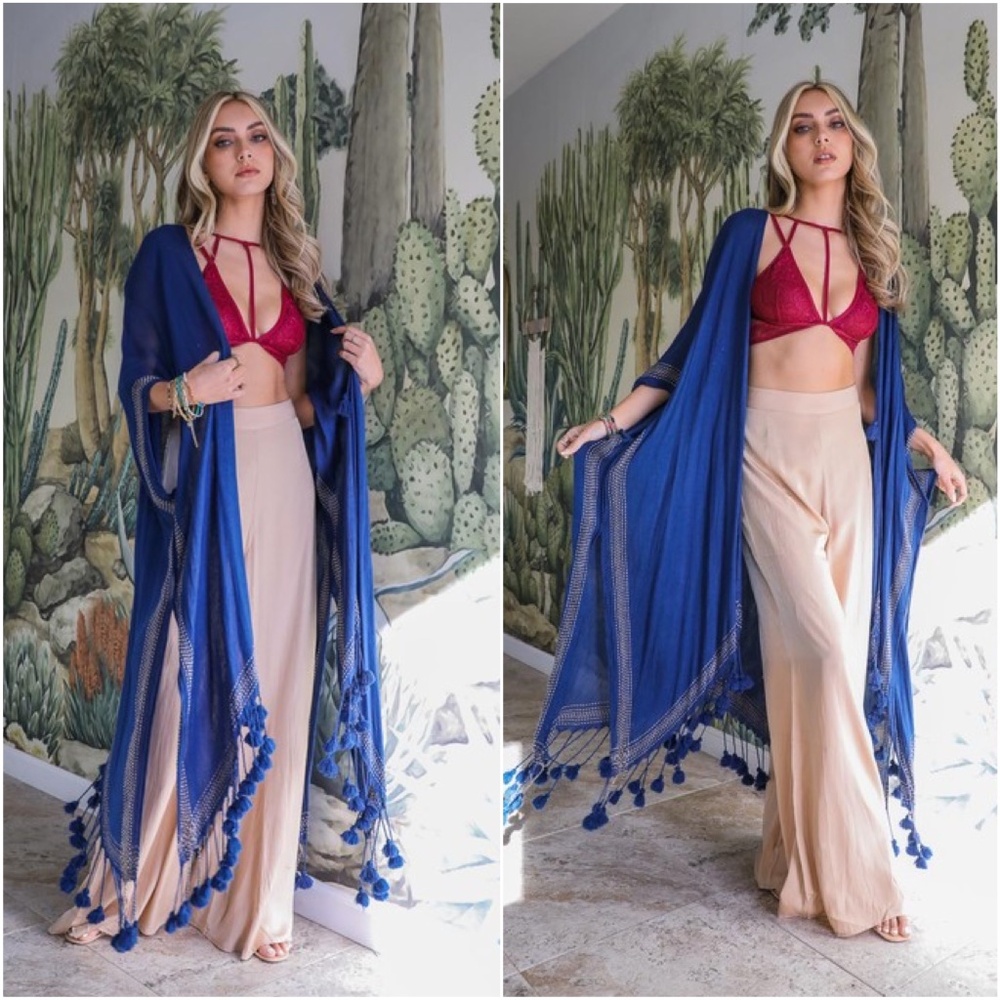 Boho Royal blue Open Front Side Split Tassel hem Kimono Cover up